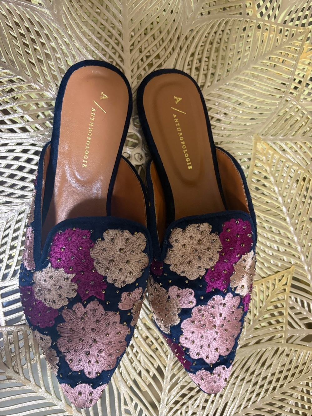 Anthropologie Navy Embroidered Floral Slip-On Mules - Pink & Magenta